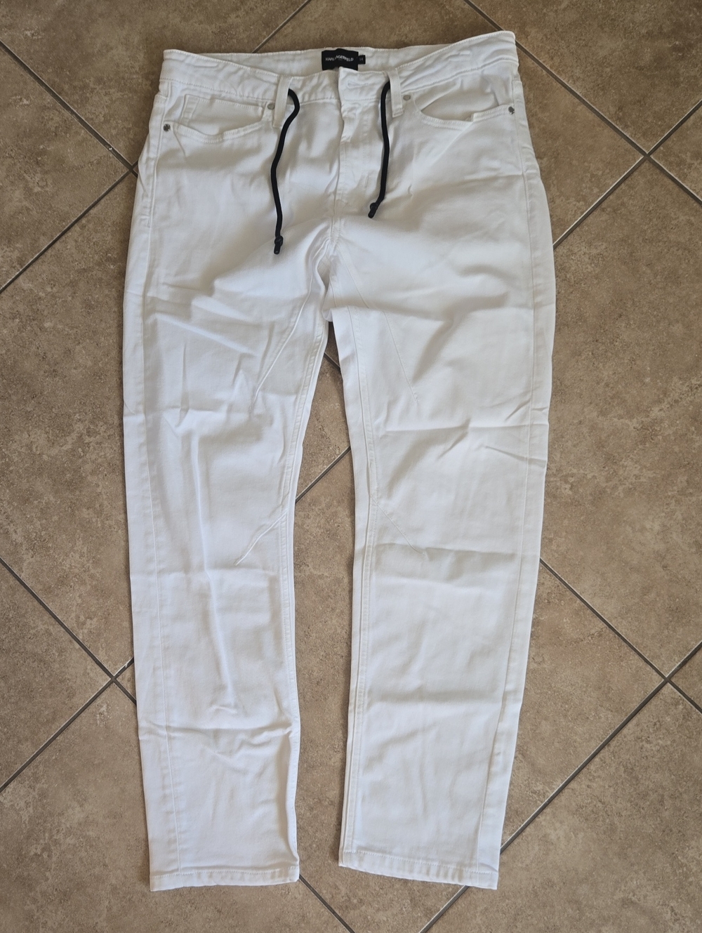 Karl Lagerfeld White Slim Fit Jeans with Black Drawstring